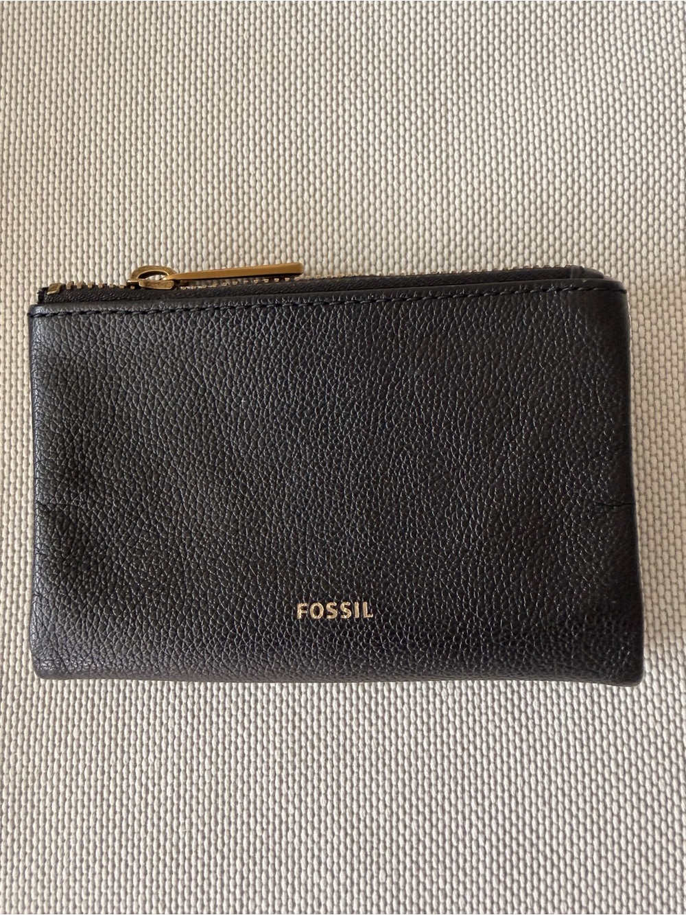 Fossil Black Leather Zip Card Pouch with Gold Logo